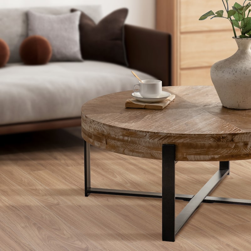 31"W Round Coffee Table With Fir Wood Table Top and Metal Frame End